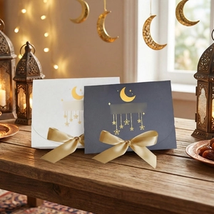 Detail of moon and star gold stamping on gift boxes with elegant ribbon closure
