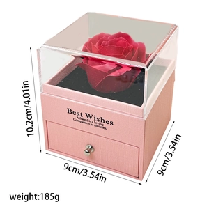 Boîte cadeau rose éternelle avec couvercle acrylique et tiroir à bijoux, 10,2x9x9cm