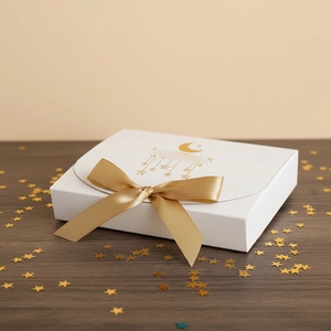 Detail of white gift box with gold star moon patterns and a golden satin ribbon bow