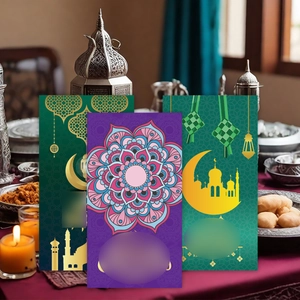 Three creative Eid Mubarak green packets with mosque and crescent moon gold patterns