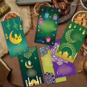 Premium green and purple Eid Mubarak money envelopes with mosque and crescent moon designs