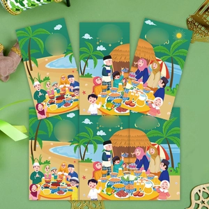 Green Hari Raya gift envelopes with cartoon illustration of family gathering near mosque