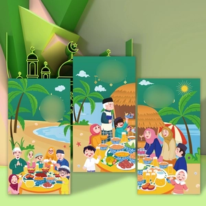 Green Hari Raya envelopes featuring Moon and Castle illustrations for Eid celebrations