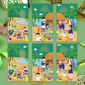 6-pack of Eid al-Fitr green money envelopes featuring cartoon Muslim family illustrations