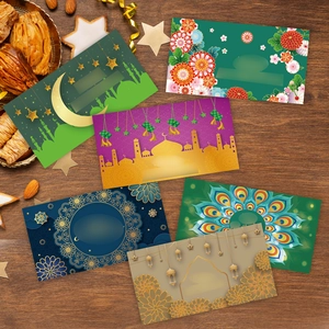 Set van 6 groene Eid Mubarak-enveloppen met moskee- en maanontwerpen op hout