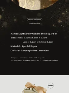 Detail of luxury glitter wedding candy box with bronzing and sparkling specialty paper