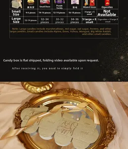 Detailed size guide for gold glitter wedding favor boxes with ribbon decoration