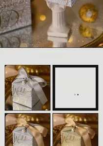 Close-up of glitter wedding favor boxes with satin bows and pearl pin details