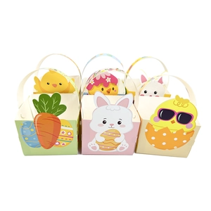 Set of six Easter candy gift boxes with bunny and chick patterns and curved handles