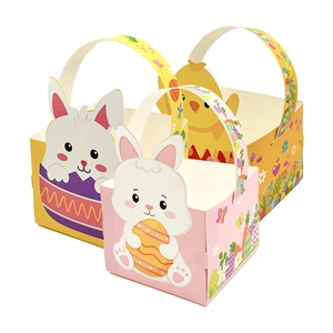 Detailed view of Easter gift baskets with cartoon bunny patterns and handy handles