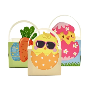 Detailed view of three Easter gift candy boxes featuring chick and egg designs with handles