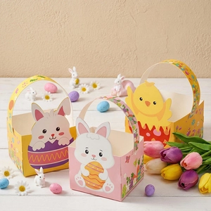 Easter paper gift baskets with cute bunny and chick patterns for holiday party favors