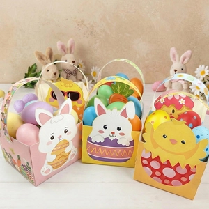 Detailed view of colorful Easter gift baskets with bunnies, chicks and decorative eggs