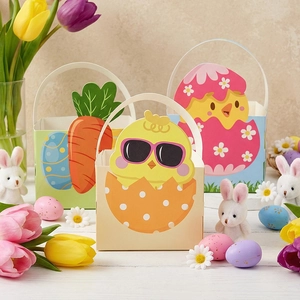 Three Easter gift baskets with chick and egg patterns, surrounded by spring flowers