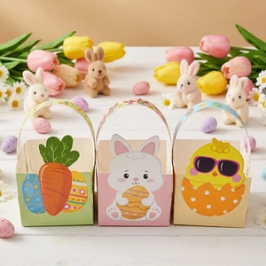 Easter cartoon bunny paper candy gift boxes with handle in three assorted designs