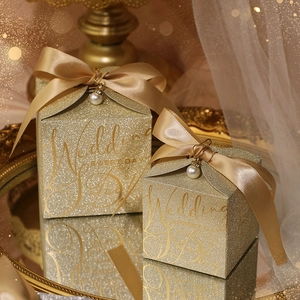 Luxury Glitter Square Wedding Favor Candy Box With Satin Ribbon Bow Faux Artificial Pearl Pendant Elegant Paper Gift Box For Party Giveaway