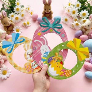 Easter themed egg cards featuring rabbit and chick designs with decorative bows