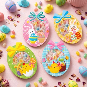 Easter egg-shaped candy cards with window for party favors in four pastel animal designs