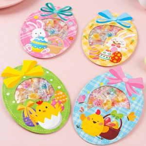 Easter card candy holders with cartoon rabbits and chicks in egg-shaped gift packaging