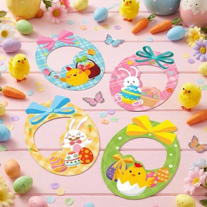 Easter paper gift card frames with cute bunny and chick designs on pink wood background