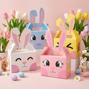 Set scatole regalo coniglietto di Pasqua rosa, blu, giallo e bianco con manici a orecchie
