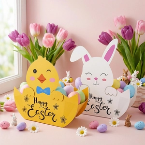 Detailed view of paper Easter baskets with chick and bunny designs filled with eggs