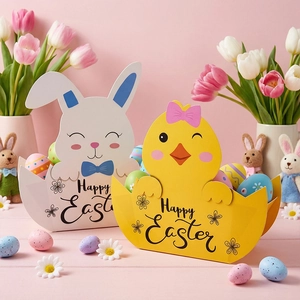Happy Easter paper baskets with bunny and chick designs filled with colorful eggs