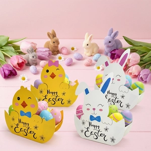 Easter paper gift baskets with bunny and chick designs for party candy decorations