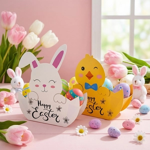 Detail of Happy Easter paper gift baskets with rabbit and chick designs in a scene
