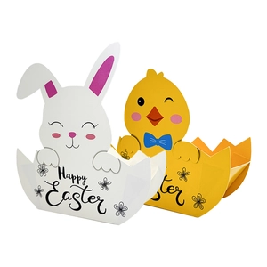 Detail of Happy Easter paper gift baskets with cute bunny and chick cartoon designs