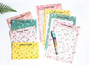 Flat lay of floral stationery set with envelopes, writing paper, and gradient pens