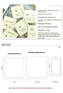 Detailed size comparison of vintage paper greeting card with metal anchor and envelope