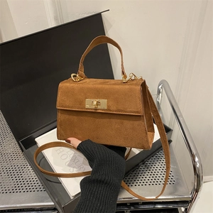 Sac À Bandoulière En Daim Givré Pour Femmes Sac À Main Rétro Avec Serrure En Métal Sac À Épaule Simple Tendance Couleur Unie