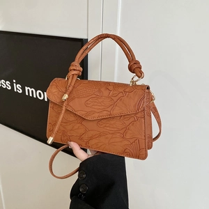 Chinese Style Embossed Lotus Carp Women Shoulder Bag PU Leather Small Square Handbag Fashion Elegant Crossbody Bag Daily Purse