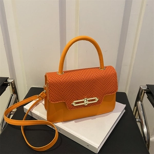 Detail of orange textured box bag with gold metal clasp and scale-patterned leather flap