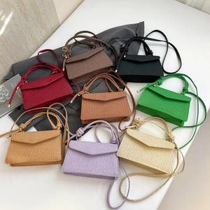 Mini woven crossbody bag in seven colors with top knot handle and envelope flap