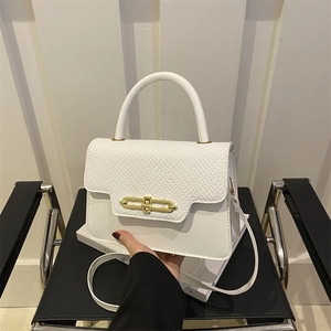 White structured crossbody box bag with crocodile embossed flap and gold metal hardware