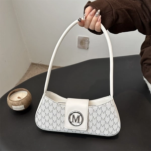 French style creamy white underarm bag with monogram pattern and metal M logo strap