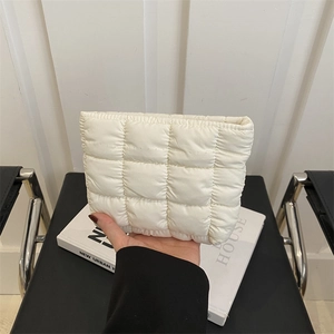 Minimalist creamy white quilted puffy cosmetic bag with large capacity for women