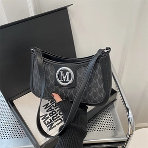 Chic grey baguette shoulder bag with all-over M-letter pattern and silver metal buckle