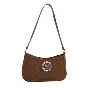 Brown leather monogram shoulder bag with silver M logo and crossbody strap