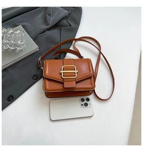 Macro shot of brown retro crossbody bag with glossy finish and gold square buckle detail