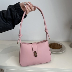 Pink PU leather underarm bag with knot strap and vintage wood texture push-lock