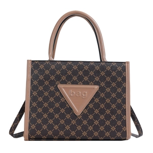 Large capacity vintage geometric tote bag with brown leather handles and shoulder strap
