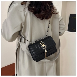 Detail of black quilted crossbody bag featuring a gold dual-S buckle and metal tassel accent