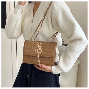 Detail of brown quilted crossbody bag with golden S-logo, tassel and chain strap