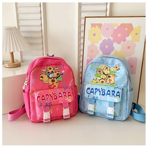 Dettaglio della stampa capibara su zaini per bambini in nylon rosa e blu