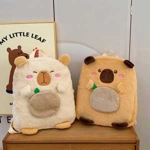 Cute Capybara plush backpacks in white and brown soft faux fur with round front pockets