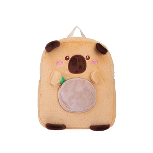 Cute brown plush capybara backpack with round zipper pocket and soft fabric texture