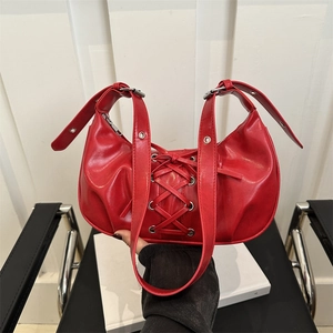 Women Sweet Cool PU Leather Lace Up Bow Shoulder Bag Large Capacity Crescent Hobo Underarm Crossbody Bag For Everyday